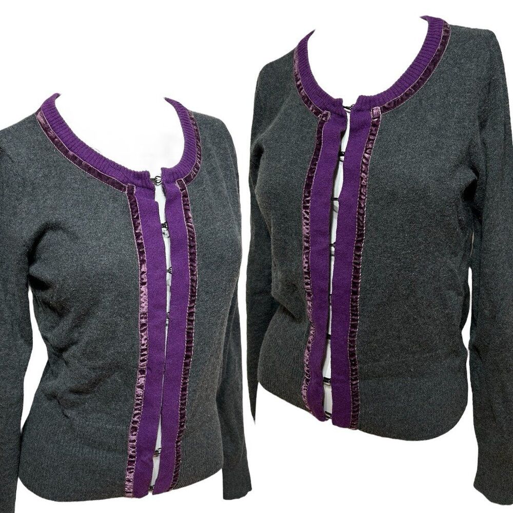 Rue 21 Vintage Angora Rabbit Hair Cardigan with Purple Trim size S Eyelet Hook